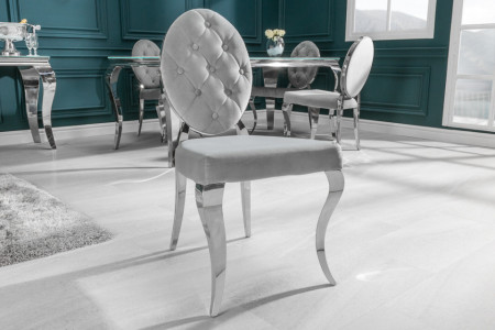 Elegante stoel MODERN BAROK edelgrijs fluweel met knopen roestvrijstalen poten