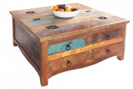 Massieve salontafel van gerecyclede houten vissersboten JAKARTA 70cm kleurrijke met lades