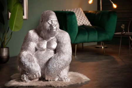 Deco Gedetailleerd Gorilla XL 75 cm zilveren aapbeeld gemaakt van kunststeen