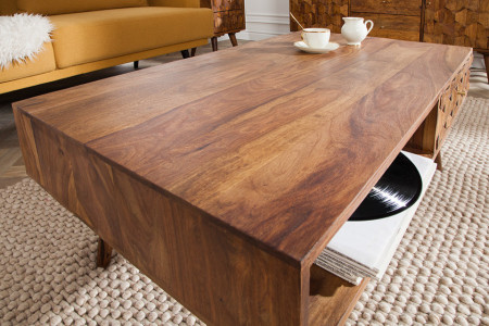 bereik Republiek Plicht Massief hout salontafel met lades LIVING 110 cm naturel sheesham  3D-oppervlak massief hout