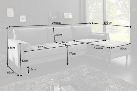 Elegante loungebank COSY VELVET 260 cm grijze fluwelen stof.lounge gedeelte aan beide zijden op te monteren.