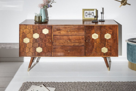Massief dressoir tv meubel 145 cm acacia bruin goud retro design