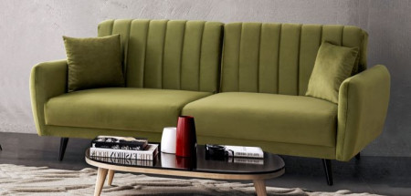 Moderne Slaapbank 219 cm in fluwelenstof kleur Pistache Groen met verstelbare rugleuning incl. 2 kussens