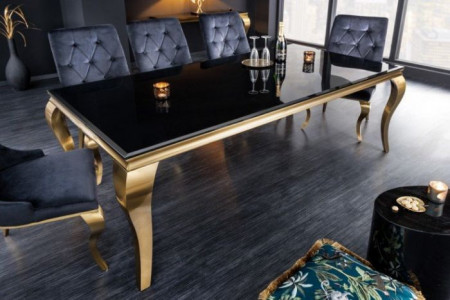 Elegante design eettafel MODERN BAROK 200 cm zwart goud roestvrij staal glazen tafelblad