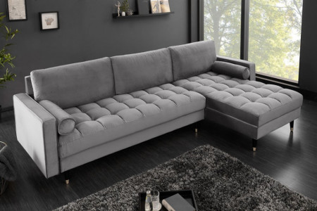 Elegante loungebank COSY VELVET 260 cm grijze fluwelen stof.lounge gedeelte aan beide zijden op te monteren.