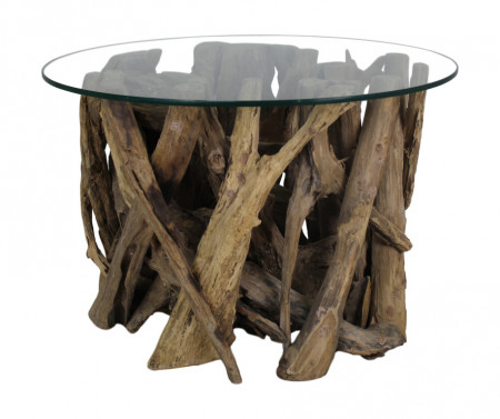 Ronde Salontafel Teak wortelhout met glasplaat - ø60 cm - Naturel -