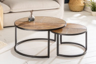 industriële mangohout salontafels set van twee VIENNA LOUNGE 70 cm rond met vlechtwerk