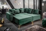 Moderne hoekbank LOFT 220cm smaragd groen fluweel incl Hocker en kussens. Lounge aan beide zijden op te bouwen