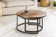 industriële mangohout salontafels set van twee VIENNA LOUNGE 70 cm rond met vlechtwerk