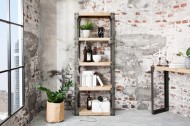 Massieve design boekenkast FACTORY 180cm acacia teak grijs wit gehoogd met metalen behuizing