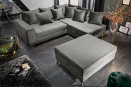 Moderne hoekbank LOFT 220cm zilvergrijs fluweel stof incl Hocker en kussens.lounge gedeelte aan beide zijden op te monteren.