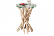 Design bijzettafel DRIFTWOOD 40cm teak met glazen blad ronde salontafel