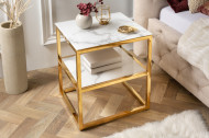 Elegante bijzettafel BOUTIQUE 45cm wit kristalglas met marmeren decor gouden frame nachtkastje