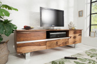 Massief boomstam tv-bord MAMMUT 160cm Sheesham Lowboard roestvrijstalen sledeframe