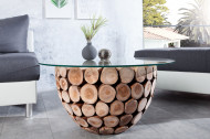 Handgemaakte salontafel PURE NATURE 70cm rond teakhout met glazen blad