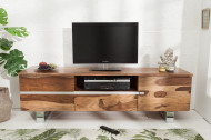 Massief boomstam tv-bord MAMMUT 160cm Sheesham Lowboard roestvrijstalen sledeframe