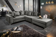 Moderne hoekbank LOFT 220cm zilvergrijs fluweel stof incl Hocker en kussens.lounge gedeelte aan beide zijden op te monteren.