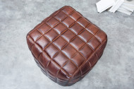Retro zit poef RIDER 40cm bruin echt leer met sierstiksel