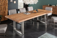 Massieve eettafel MAMMUT ARTWORK 220 cm acacia 6 cm blad naturel roestvrij staal
