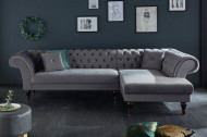Elegante Chesterfield hoekbank PARIS 290 cm zilvergrijs fluweel stof met 2 kussens