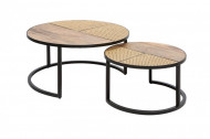 industriële mangohout salontafels set van twee VIENNA LOUNGE 70 cm rond met vlechtwerk