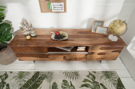 Massief boomstam tv-bord MAMMUT 160cm Sheesham Lowboard roestvrijstalen sledeframe