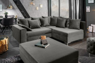 Moderne hoekbank LOFT 220cm zilvergrijs fluweel stof incl Hocker en kussens.lounge gedeelte aan beide zijden op te monteren.