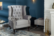 Chesterfield fauteuil 85cm zilvergrijs fluweel met knoopsluiting