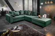 Moderne hoekbank LOFT 220cm smaragd groen fluweel incl Hocker en kussens. Lounge aan beide zijden op te bouwen
