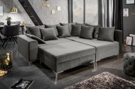 Moderne hoekbank LOFT 220cm zilvergrijs fluweel stof incl Hocker en kussens.lounge gedeelte aan beide zijden op te monteren.
