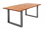 Massieve boomstam eettafel Mose 140cm acacia boomrand skid frame industriële afwerking