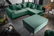 Moderne hoekbank LOFT 220cm smaragd groen fluweel incl Hocker en kussens. Lounge aan beide zijden op te bouwen