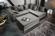 Moderne hoekbank LOFT 220cm zilvergrijs fluweel stof incl Hocker en kussens.lounge gedeelte aan beide zijden op te monteren.