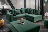 Moderne hoekbank LOFT 220cm smaragd groen fluweel incl Hocker en kussens. Lounge aan beide zijden op te bouwen