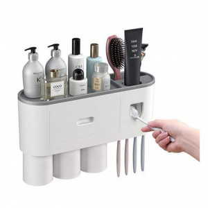 Suport 3 pahare magnetice si dispenser pasta dinti cu 4 periute