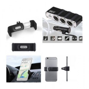 Priza bricheta tripla cu USB + Suport auto telefon