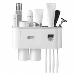 Suport 2 pahare magnetice si dispenser pasta dinti cu 4 periute