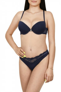 Set sutien cu bretele in “X” si chilot tanga, bleumarin