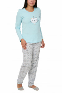 Pijamale dama din bumbac, Kitty, crystal blue