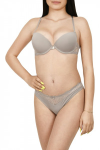 Set sutien cu bretele in “X” si chilot tanga, gri