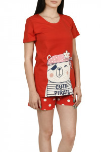 Pijama dama cu pantalon scurt cu buline, rosu