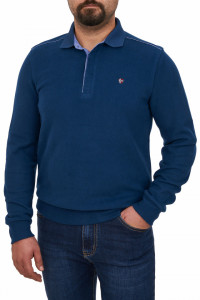 Pulover clasic cu guler si nasturi, albastru denim