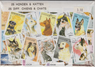Postzegelpakket, 25 verschillende Honden & Katten
