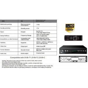 GMB-TDT-033 **DVB-T2/C SET TOP BOX USB/HDMI/Scart/RF-out, PVR, Full HD,H264, hdmi-kabl1399