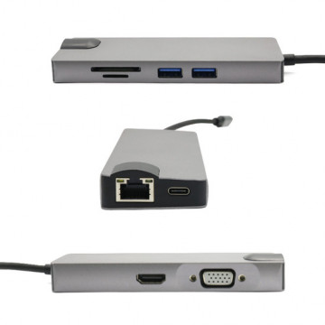 Hub 8 u 1 Type-C na HDMI VGA LAN Type C 2xUSB3.0 SD/TF card reader
