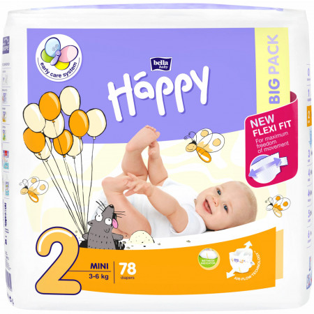 Scutece Happy Mini 2 Big Pack, 3-6 kg, 78 buc