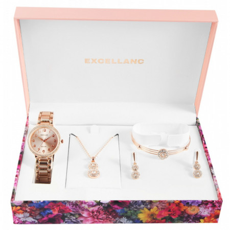 Set cadou, ceas dama, Excellanc, Roze, colier cu pandativ, 1 pereche cercei, bratara dama Excellanc, PM1800224-002