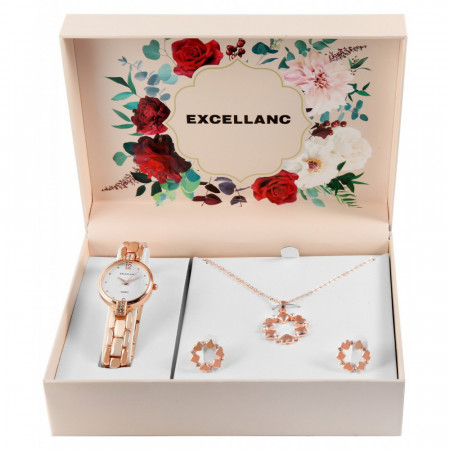 Set cadou, ceas dama, Excellanc, Roze, colier cu pandativ, 1 pereche cercei, Excellanc, PM1800229-004
