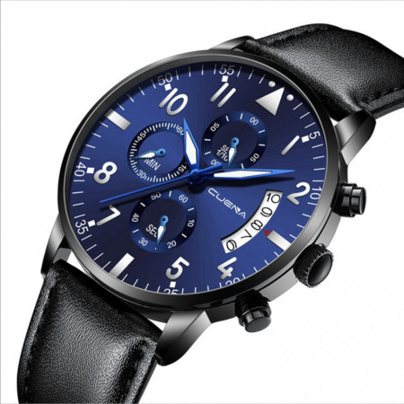 Ceas fashion barbatesc Cuena, Quartz, Analog, 44 mm, Negru Albastru