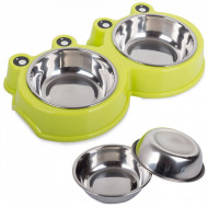 Castron dublu in forma de broasca pentru catei si pisici cu boluri din inox detasabile, PM19107_Z3